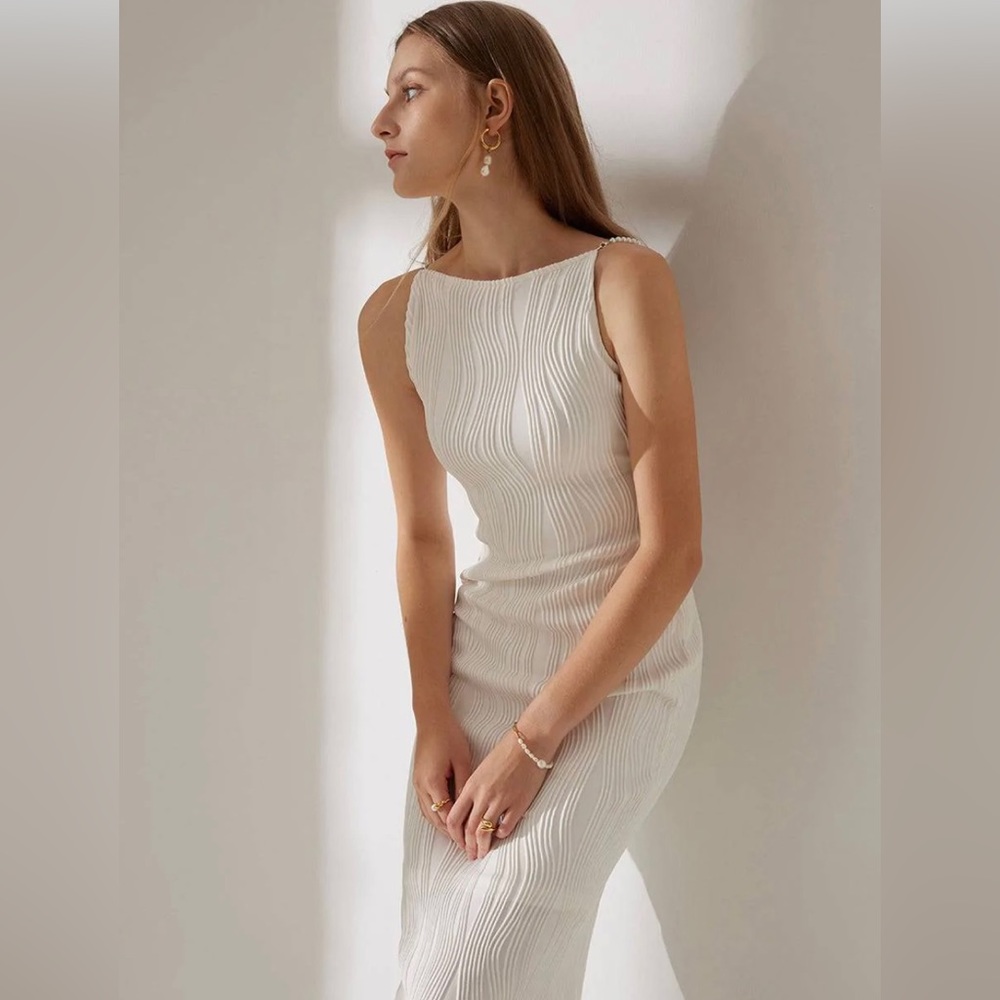 Rihoas The Water Ripple Textured Cami Dress- White with Pearls- Small US 2-4